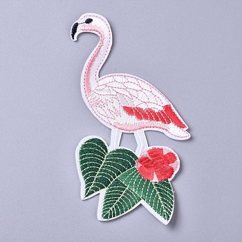 Computerized Embroidery Cloth Iron on/Sew on Patches, Costume Accessories, Appliques, Flamingo Shape, Floral White, 166x124x1.5mm
