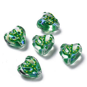 Handmade Lampwork Enamel Beads Strands, Heart with Cactus, Green, 13.5x14x8~9mm, Hole: 1.2mm, about 30pcs/strand