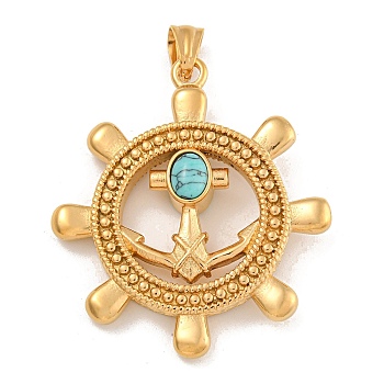 304 Stainless Steel & Synthetic Turquoise Rudder Big Pendants, Retro Viking Anchor Charms, Golden, 53x47.5x10.5mm, Hole: 9x5mm