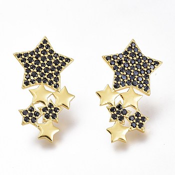 Brass Micro Pave Black Cubic Zirconia Star Stud Earrings, with Plastic Ear Nuts, Long-Lasting Plated, Golden, 30x16.5mm, Pin: 0.8mm