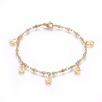 304 Stainless Steel Charm Bracelets, with Lobster Claw Clasps, Heart Lock, Golden, 8-1/4 inch(21cm), 3mm