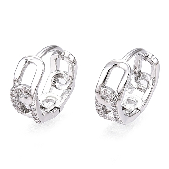 Brass Micro Pave Clear Cubic Zirconia Hoop Earrings, Chain Charm, Real Platinum Plated, 13x5x13mm