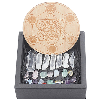 Chakra Beginners Kit, Meditation Gemstones Healing Stones, with Natural Wood Plate, Spiritual Gifts for Women, 9~46x8~17mm