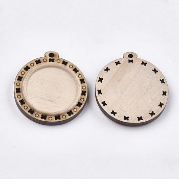 Wooden Pendant Cabochon Settings, Pendant Base, Flat Round with Flower, PeachPuff, Tray: 25.5mm, 41.5x39x5.5mm, Hole: 2mm