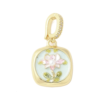 Brass Enamel Pendants, with Natural Freshwater Pearls and Brass Micro Pave Cubic Zirconia Clasp, Square with Flower Charm, Light Cyan, 21x18x5mm, Hole: 8x5mm