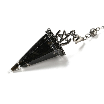 Natural Obsidian Chip & Resin Dowsing Pendulum Big Pendants, with Rack Plating Antique Silver Tone Brass Findings, Lead Free & Cadmium Free, Hexagonal Cone, 300~305mm