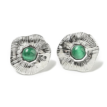 304 Stainless Steel Stud Earrings, with Cat Eye, Stainless Steel Color, Nuggets, Green, 25x25.4mm