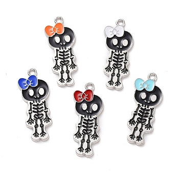 Alloy Enamel Pendants, Skull with Bowknot, Mixed Color, Platinum, 32.5x13x1.5mm, Hole: 1.8mm