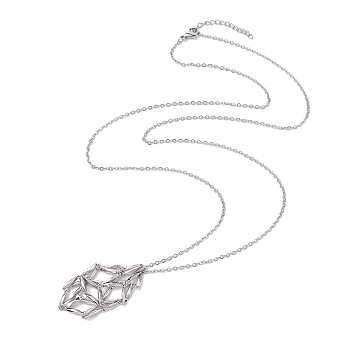 Crystal Stone Cage Pendant Necklaces, 304 Stainless Steel Cable Chain Necklaces, Stainless Steel Color, 29.33 inch(74.5cm)
