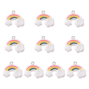 10Pcs Opaque Resin Pendants, Rainbow Charm with Glitter Powder and Platinum Tone Iron Loops, Colorful, 23x21.5x5.5mm, Hole: 1.5mm