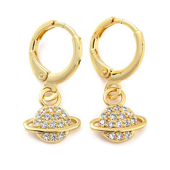 Planet Shape Rack Plating Brass Micro Pave Cubic Zirconia Dangle Leverback Earrings, Long-Lasting Plated, Cadmium Free & Lead Free, Real 18K Gold Plated, 23.5x10.5mm