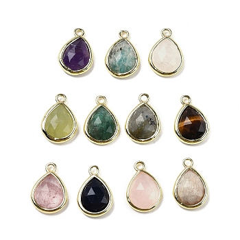 Natural Gemstone Faceted Pendants, Rack Plating Golden Plated Brass Teardrop Charms, 14x9.5x4mm, Hole: 1.4mm