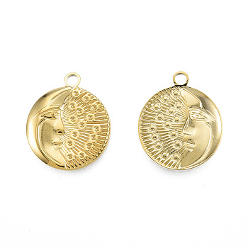 Ion Plating(IP) 201 Stainless Steel Pendants, Flat Round with Moon & Human Face, Real 18K Gold Plated, 24x20x2.5mm, Hole: 2mm