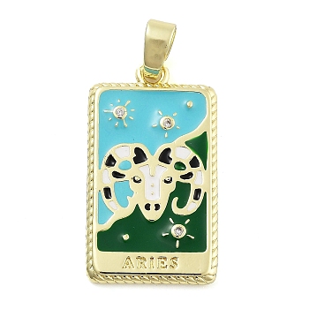 Rack Plating Brass Micro Pave Clear Cubic Zirconia Pendants, with Enamel, Cadmium Free & Lead Free, Real 18K Gold Plated, Rectangle with Constellations Charm, Aries, 27x15x2mm, Hole: 3.5x6mm