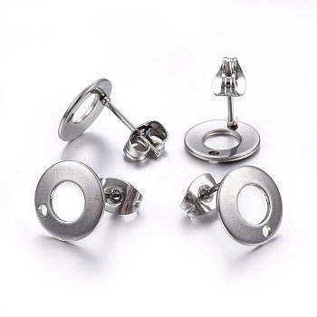304 Stainless Steel Stud Earring Findings, with Loop & Earring Backs, Flat Round, Stainless Steel Color, 10x1mm, Hole: 1.5mm, Pin: 0.8mm
