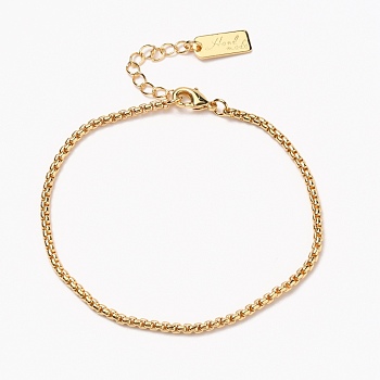 Brass Box Chain Bracelets, with Lobster Claw Clasps,   Long-Lasting Plated, Word Hand Made, Real 18K Gold Plated, 6-7/8 inch(17.6cm)