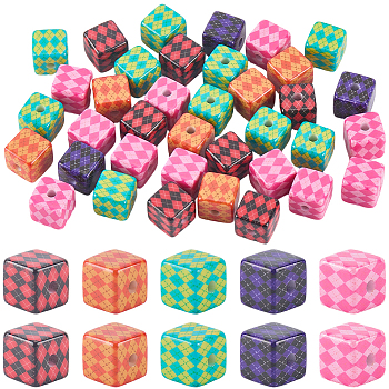 40Pcs Printed Opaque Acrylic Beads, Cube with Rhombus Pattern, Mixed Color, 14.5~15x14.5~15x14.5~15mm, Hole: 3.8mm