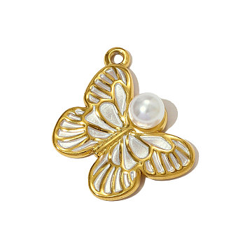 304 Stainless Steel Enamel Pendants, Butterfly Charms, with Glitter Powder & Imitation Pearl, Ion Plating(IP), Real 18K Gold Plated, White, 26x23mm