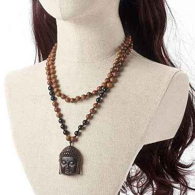Natural Ice Crystal Obsidian Buddha Head Pendant Necklaces(NJEW-JN03644)-3