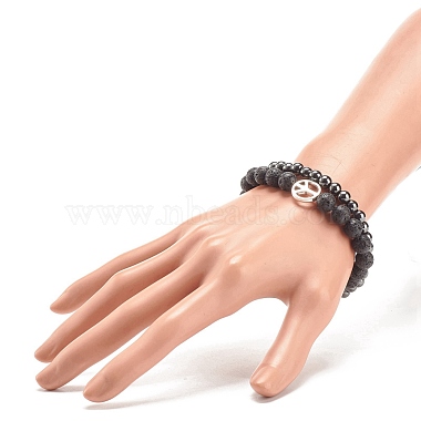 2Pcs 2 Style Natural Lava Rock & Synthetic Hematite Round Beaded Stretch Bracelets Set with Alloy Peace Sign(BJEW-JB08311)-3