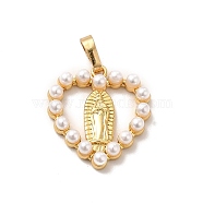 Plastic Imitation Pearl Pendants, with Rack Plating Brass Findings, Long-Lasting Plated, Heart with Saint Charm, Real 18K Gold Plated, 25x18.5x4mm, Hole: 6x3mm(KK-P230-24G)