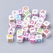 Large Hole Colorful Acrylic Letter European Beads, Horizontal Hole, Cube with Letter, Random Mixed Letters, 7x7x7mm, Hole: 4mm, about 1144pcs/500g(SACR-Q104-02)