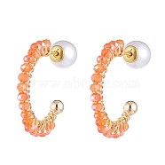 Brass Stud Earrings, with Electroplate Glass Beads  and Acrylic Pearl Ear Nuts, Orange Red, 30x25.5x4mm(EJEW-JE04100-03)