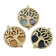Natural Mixed Gemstone Flat Round Connector Charms, Tree of Life Links with Rack Plating Golden Plated Brass Findings, 33x27x3mm, Hole: 1.6mm(G-E609-01G)