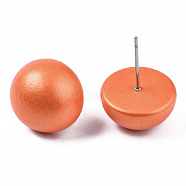 Painted Half Round Schima Wood Earrings for Girl Women, Stud Earrings with 316 Surgical Stainless Steel Pins, Coral, 15x8.5mm, Pin: 0.7mm(EJEW-T017-02E)