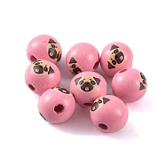 Wood European Beads, Round with Dog Pattern, Pink, 16x15mm, Hole: 4.5mm(WOOD-G021-01F)