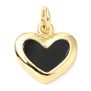 Rack Plating Brass Heart Charms, with Shell and Jump Rings, Long-Lasting Plated, Lead Free & Cadmium Free, Real 18K Gold Plated, Black, 11.5x11.5x2mm, Hole: 3mm(KK-A185-24G-01)