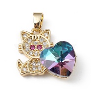 Real 18K Gold Plated Rack Plating Brass Micro Pave Cubic Zirconia Pendants, with Glass, Long-Lasting Plated, Cadmium Free & Lead Free, Cat with Heart, Dark Turquoise, 21x19.5x7.5mm, Hole: 3.5x5mm(KK-C015-31G-09)