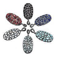Polymer Clay Rhinestone Pendants, with Natural & Synthetic Gemstone Chip, Natural Shell Chip and PU Leather, Oval, Gunmetal, 55~56x30~31x6~7mm, Hole: 9x5mm(RB-S056-15A-B)