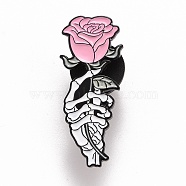 Hand Skeleton with Rose Enamel Pin, Halloween Alloy Badge for Backpack Clothes, Electrophoresis Black, Pink, 30.5x12x1.5mm, Pin: 1.1mm(JEWB-M023-22)