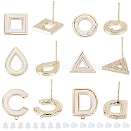 12Pcs 6 Styles Brass Stud Earring Findings, with Shell and Loops, 925 Sterling Silver Pins, Nickel Free, Creamy White, Square & Triangle & Teardrop & Letter D & Letter C & Ring, Real 18K Gold Plated, Earring Finding: 11~16.5x11~14mm, 2pcs/style, Ear Nuts: 4x4mm(KK-BC0009-08)