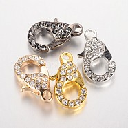 Alloy Glass Rhinestone Lobster Claw Clasps, Mixed Color, 21x12.5x7mm, Hole: 2.5mm(ZIRC-F022-63)