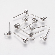 202 Stainless Steel Ball Stud Earring Findings, with 304 Stainless Steel Pins and Loop, Round, Stainless Steel Color, 14mm, Hole: 2mm, Pin: 0.7mm(X-STAS-F141-06P-3mm)
