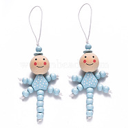 Natural Wood Pendant Decorations, with Waxed Cord, Doll, Light Sky Blue, 148~151x48~51mm(HJEW-S002-002B)