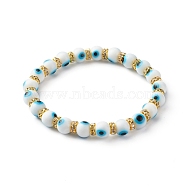 Handmade Evil Eye Lampwork Beaded Stretch Bracelets, with Flat Round Brass Rhinestone Beads, White, Inner Diameter: 2-1/2 inch(6.3cm)(BJEW-JB06463-03)