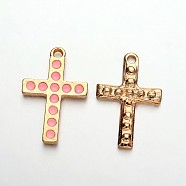 Light Gold Plated Alloy Enamel Cross Pendants, Pink, 27x18x2mm, Hole: 2mm(ENAM-J544-01KCG)