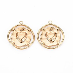 Brass Pendants, Nickel Free, Flat Round with Heart, Real 18K Gold Plated, 22x19.5x2.5mm, Hole: 1.5mm(KK-S356-701)