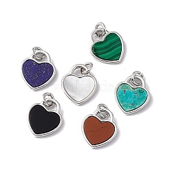 Natural Mixed Stone Heart Charms, with Rack Plating Platinum Tone Brass Findings, Cadmium Free & Lead Free, 14x12x2mm, Hole: 3mm(G-G977-05P)