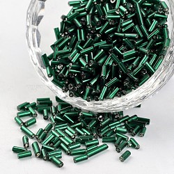 Tube Silver Lined Round Hole Glass Bugle Beads, Dark Green, 4.6~5x1.8~2mm, Hole: 0.8mm, about 1200pcs/50g(X-SEED-I001-53A)