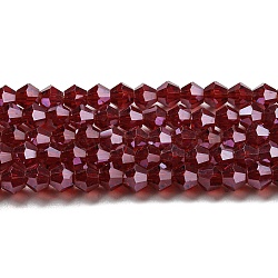 Transparent Electroplate Glass Beads Strands, Pearl Luster Plated, Faceted, Bicone, Dark Red, 2.9~3.3x2.5mm, Hole: 0.7mm, about 145~150pcs/strand, 16.34~16.54 inch(41.5~42cm)(EGLA-A039-T2mm-A27)