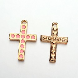 Light Gold Plated Alloy Enamel Cross Pendants, Pink, 27x18x2mm, Hole: 2mm(ENAM-J544-01KCG)