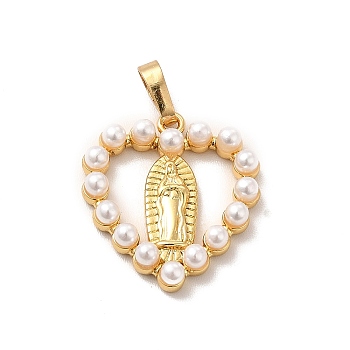 Plastic Imitation Pearl Pendants, with Rack Plating Brass Findings, Long-Lasting Plated, Heart with Saint Charm, Real 18K Gold Plated, 25x18.5x4mm, Hole: 6x3mm