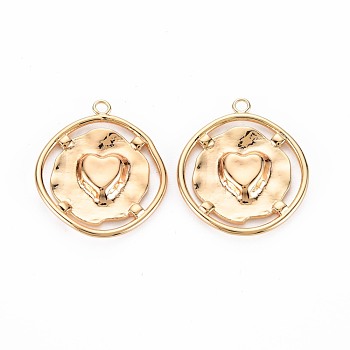 Brass Pendants, Nickel Free, Flat Round with Heart, Real 18K Gold Plated, 22x19.5x2.5mm, Hole: 1.5mm