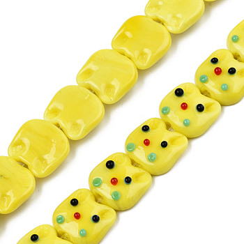 Handmade Lampwork Beads, Cat's Head, Yellow, 15~16x16~16.5x7mm, Hole: 1.2mm, about 25pcs/strand, 14.37 inch(36.5cm)