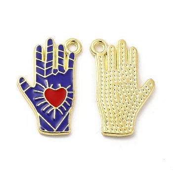 Alloy Enamel Pendants, Hand with Heart Pattern, Platinum, Golden, Blue, 21.5x14x1.5mm, Hole: 1.6mm