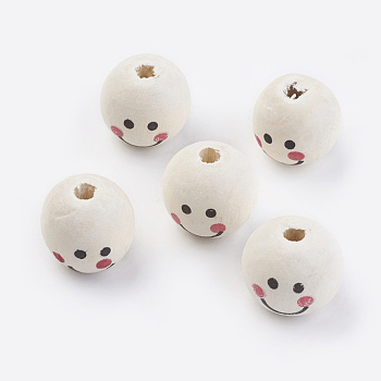 Natural Wood Printed European Beads, Round, Floral White, 18x16mm, Hole: 4~6mm, about 390pcs/500g